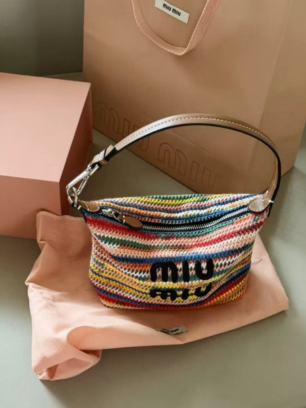Miu Miu Multicolor Striped Crochet Raffia Mini Shoulder Bag